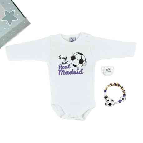 Pack Body + Chupete + Chupetero Fútbol Soy del Real Madrid - Lullaby Bebe
